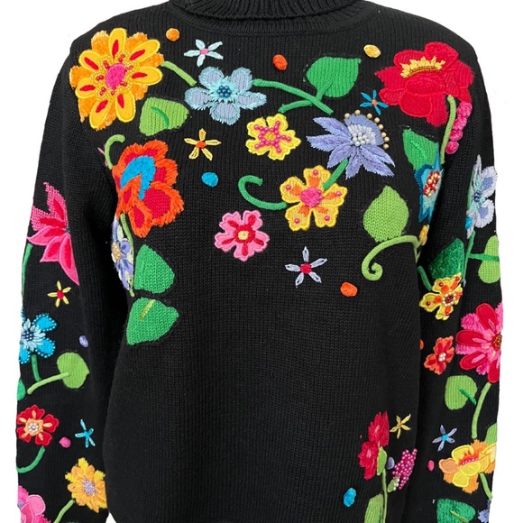 NWT Berek Black Turtleneck with Embroidered Beaded Flowers // Size Small - Picture 3 of 7